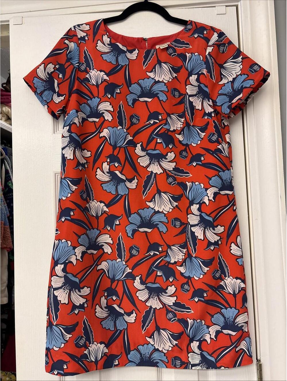 J.Crew Red & Blue  Floral Dress (Size: 4) Short Sleeve Work Office Sheath.